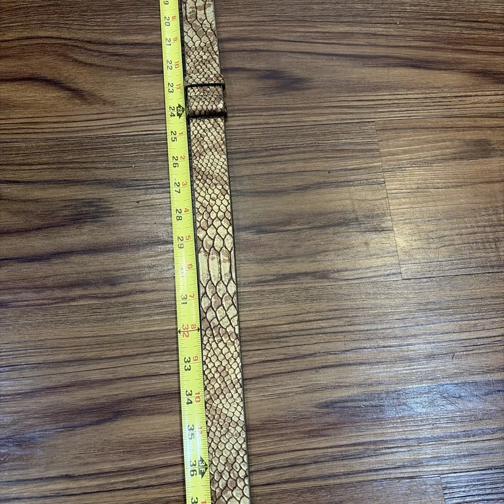 Chico's Snakeskin Pattern Leather Belt Gold Amber Lucite Buckle Adjustable M L